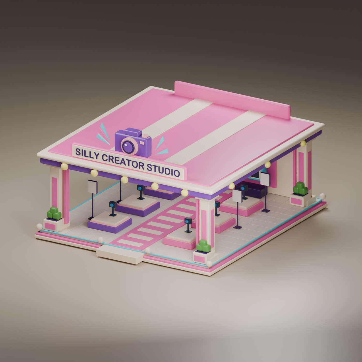 Development render of the pink and purple Silly Creator Studio building